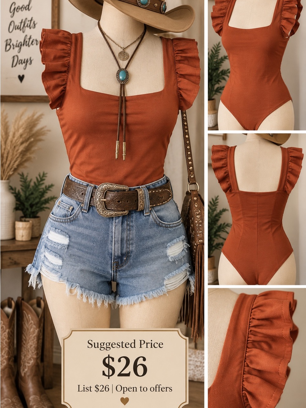 Square Neck Ruffle Sleeve Bodysuit in Rust